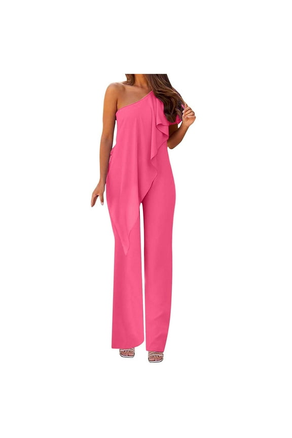 Elegant Jumpsuit for Women Summer Long Flowy Ruffle One Shoulder High Waist Long Romper Straight Leg Party Slimming Outfits, Hot Pink, M