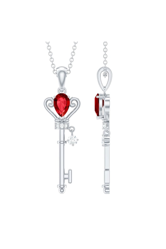 Elegant Key Pendant Necklace with Created Ruby and Diamond for Women (0.75 CT), 925 Sterling Silver