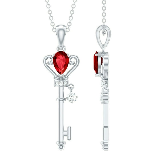 Rosec Jewels Elegant Key Pendant Necklace with Created Ruby and Diamond for Women (0.75 CT), 925 Sterling Silver