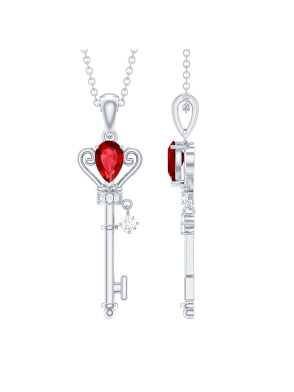 Lab Grown Ruby Key Pendant Necklace for Women (0.5 Carat, AAAA Grade) - Ruby Diamond Necklace with Chain, 925 Sterling Silver