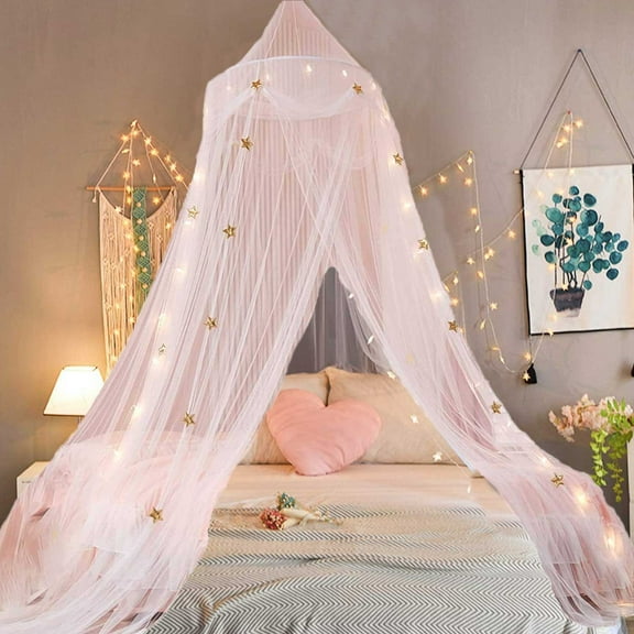 Elegant Kids Bed Canopy ,Curtains for Girls Bedroom Lace Chiffon Netting with Star, Princess Girls Fairy Dream Tent, Nursery Room Baby Crib Hanging Curtain Mosquito Net Children Reading Decora