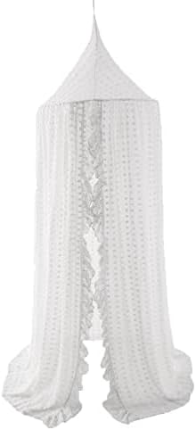 Elegant Kids Bed Canopy - Lace Chiffon Netting with Pom Pom, Princess Girls Fairy Dream Tent, Nursery Room Baby Crib Hanging Curtain Mosquito Net Children Reading Nook Decoration (White)