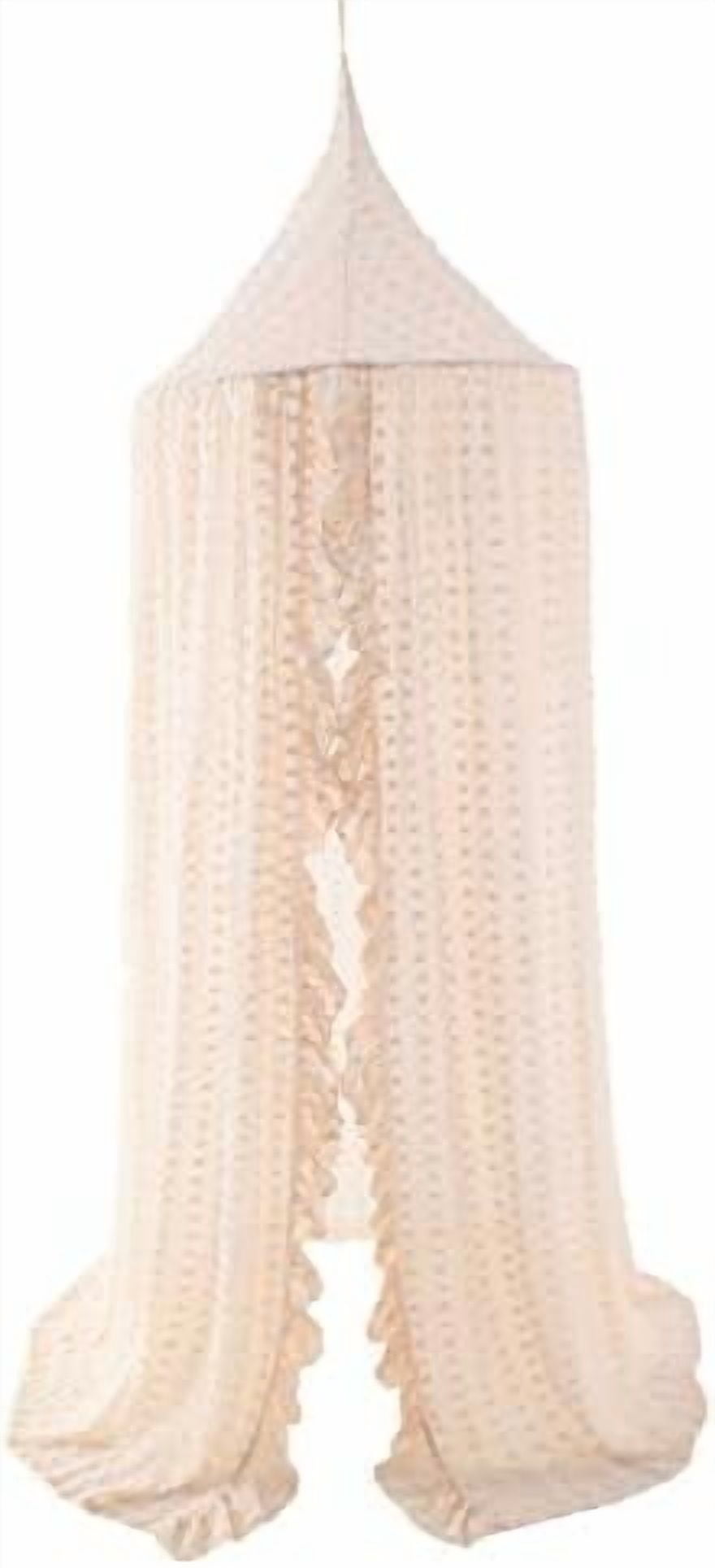 Elegant Kids Bed Canopy - Lace Chiffon Netting with Pom Pom, Princess Girls Fairy Dream Tent, Nursery Room Baby Crib Hanging Curtain Mosquito Net Children Reading Nook Decoration (Beige)