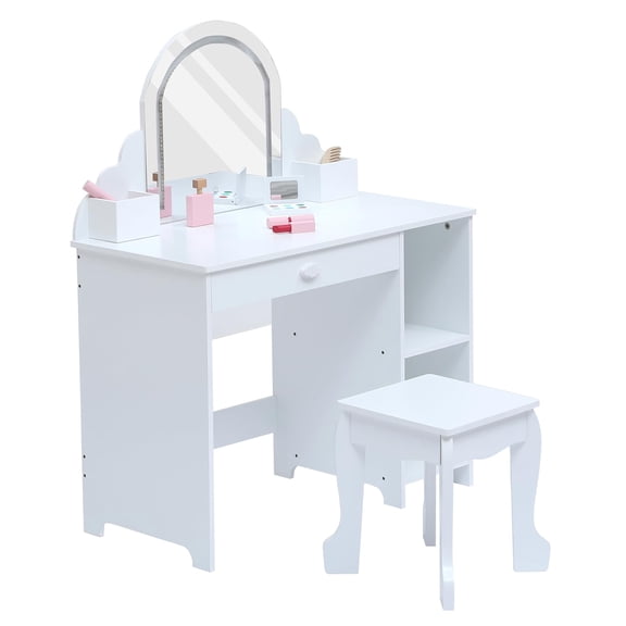 Elegant Kids Vanity Desk with Mirror & Lights – Includes Stool, Drawer & Open Storage Shelves – Princess Wooden Dressing Table for Little Girls' Room
