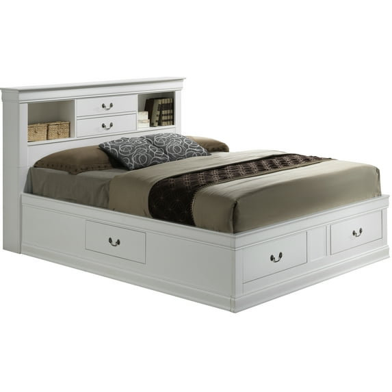 Elegant King Bed With Storage Feature - Frame In White Finish Traditional Appeal Size Construction Keeps Room Neat And Organized