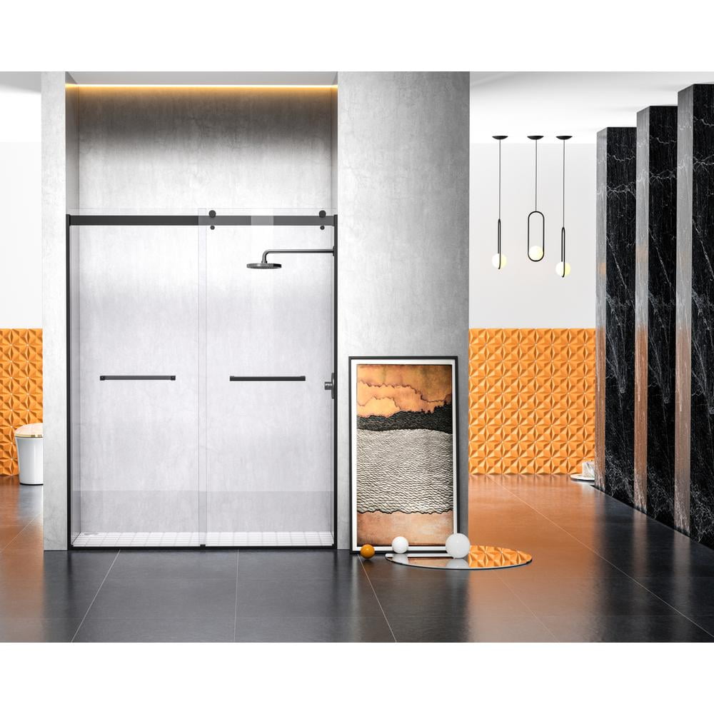 Matte Black Frameless Double Sliding Shower Door, 60 x 76 in