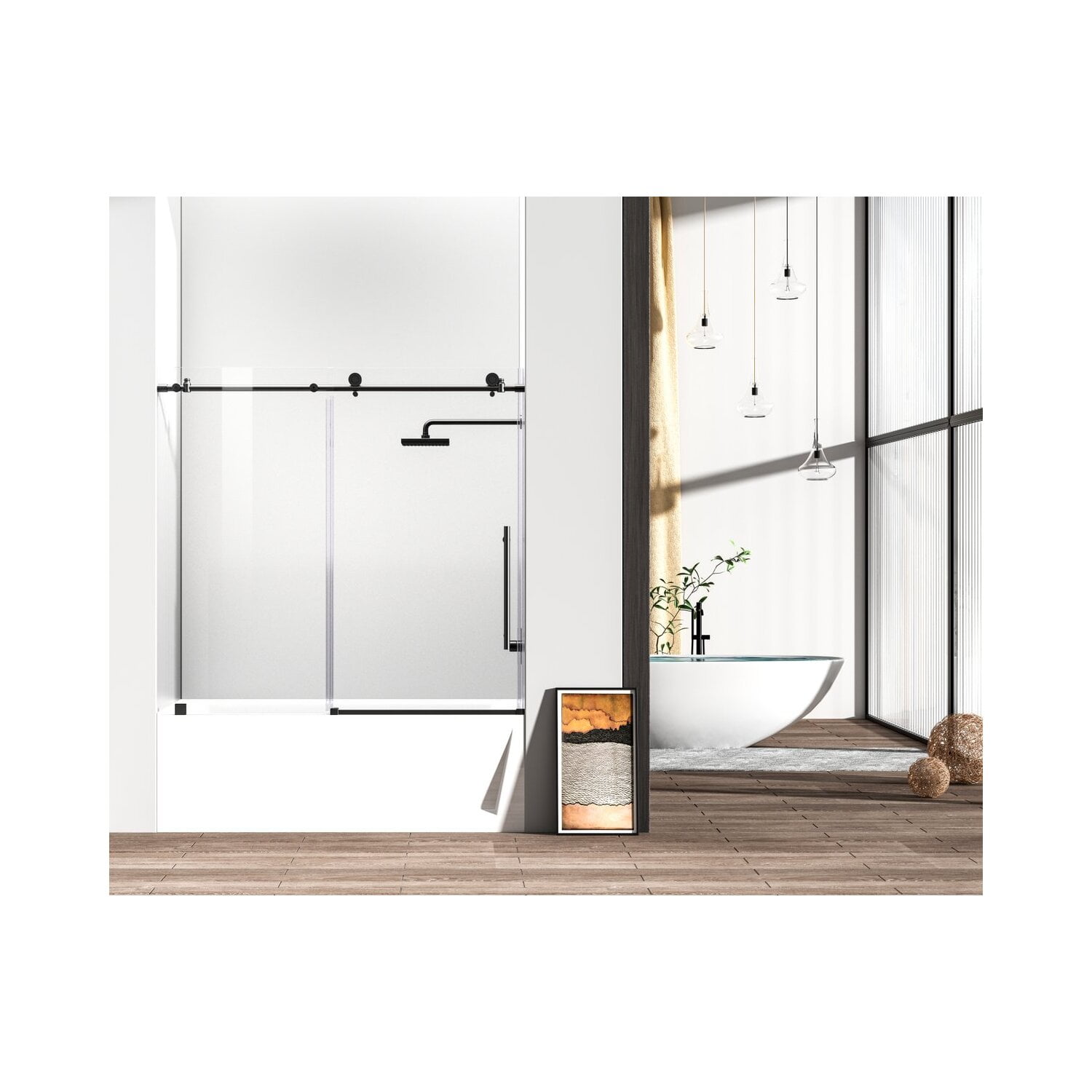 60" Matte Black Frameless Sliding Tub Door with Clear Glass