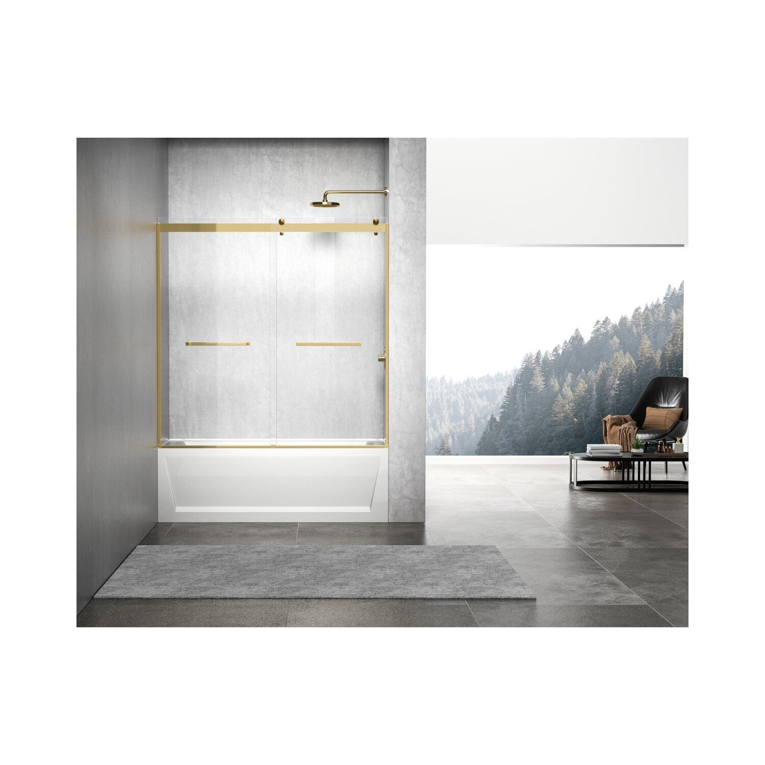 Gold Frameless Double Sliding Tub Door with Adjustable Width
