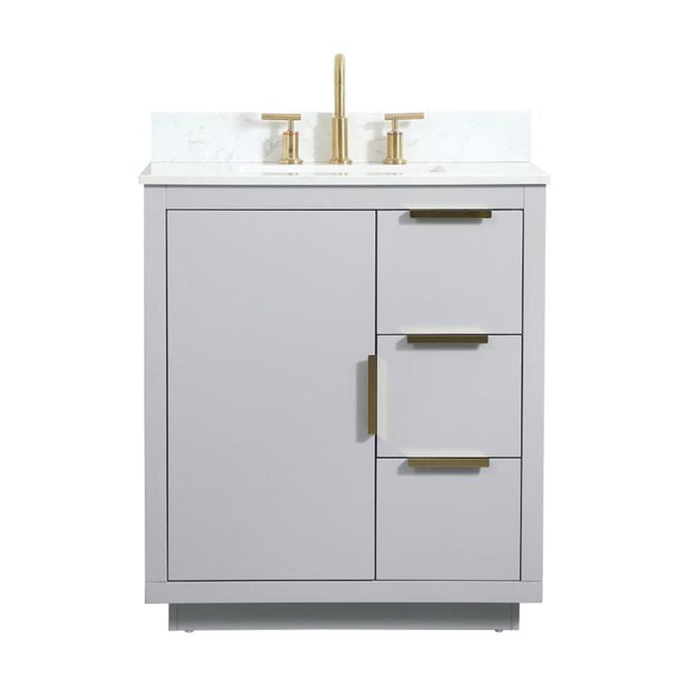 Gray 30" Single Bathroom Vanity with Gold Handles and Quartz Top
