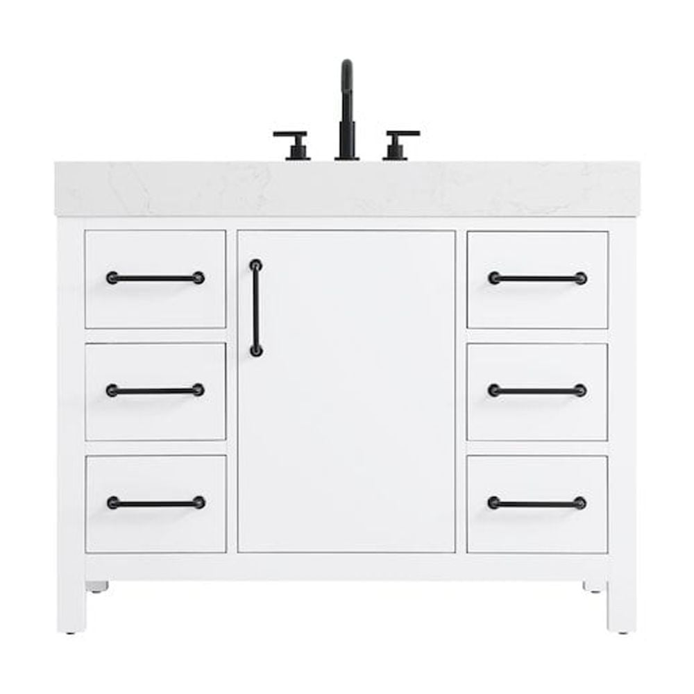 42" White Marble Single Sink Bathroom Vanity with Black Hardware