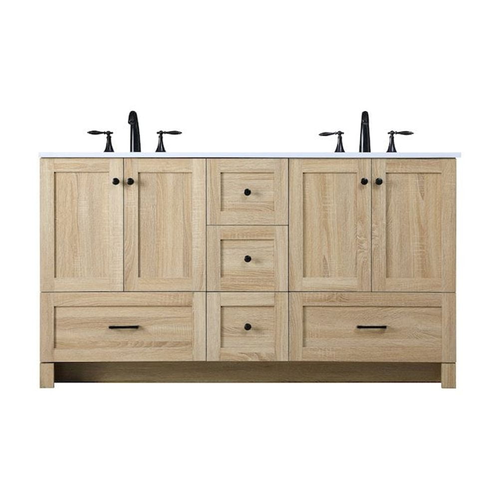 60 Inch Mango Wood Double Bathroom Vanity with Ivory White Countertop