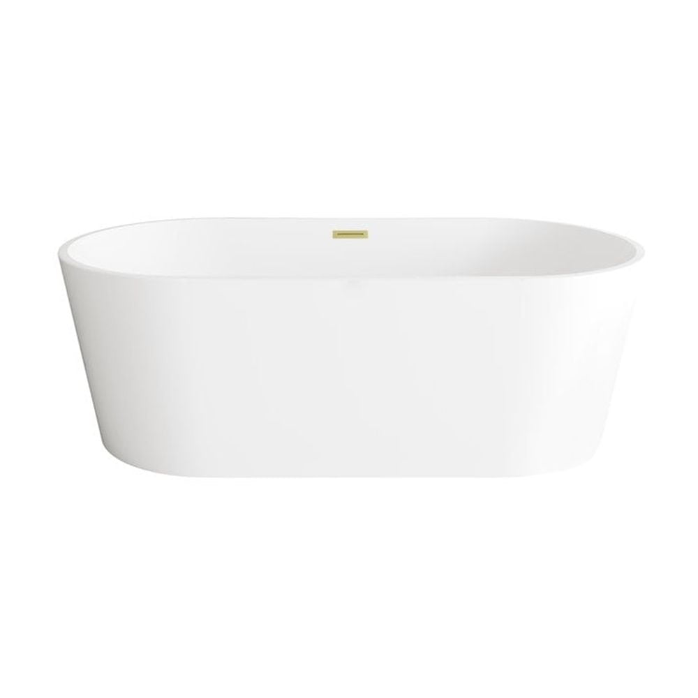 67 Inch Glossy White Acrylic Freestanding Bathtub with Brushed Gold Trim