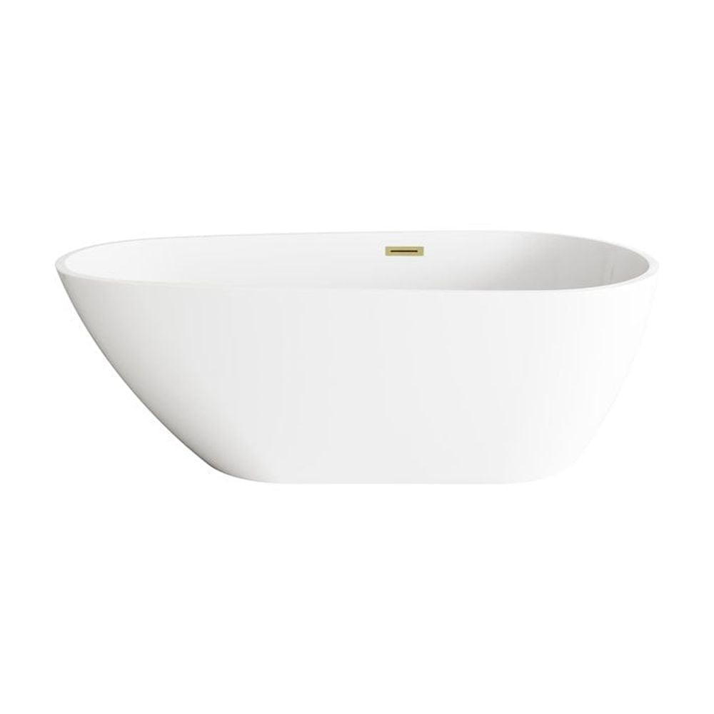 67 Inch Glossy White Acrylic Freestanding Bathtub with Brushed Gold Trim