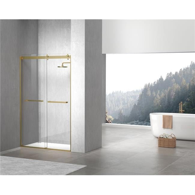 48" Gold Frameless Double Sliding Shower Door with Tempered Glass