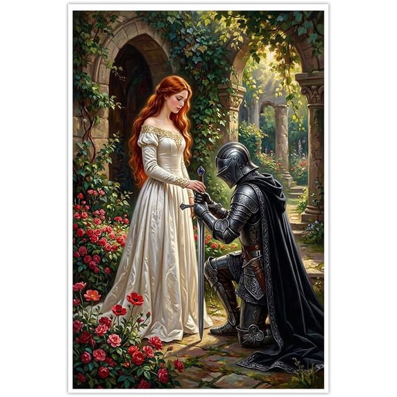 Elegant Knight and Maiden Canvas Wall Art Artwork Romantic Fantasy Picture Red Roses Living Room Bedroom Home Decor Medieval Chivalry Fairy Tale Print
