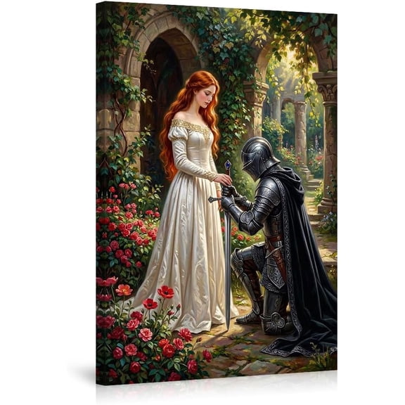 Elegant Knight and Maiden Canvas Wall Art Artwork Romantic Fantasy Picture Red Roses Living Room Bedroom Home Decor Medieval Chivalry Fairy Tale Print