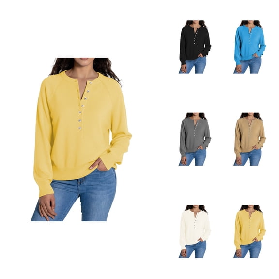 Elegant Knit Pullover Sweater with Button Detail, Henley Neck & Long Sleeves – Women's Casual Cropped Solid Knitwear for Comfort