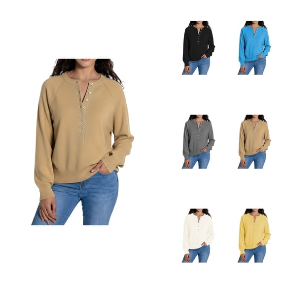 Elegant Knit Pullover Sweater with Button Detail, Henley Neck & Long Sleeves – Women's Casual Cropped Solid Knitwear for Comfort