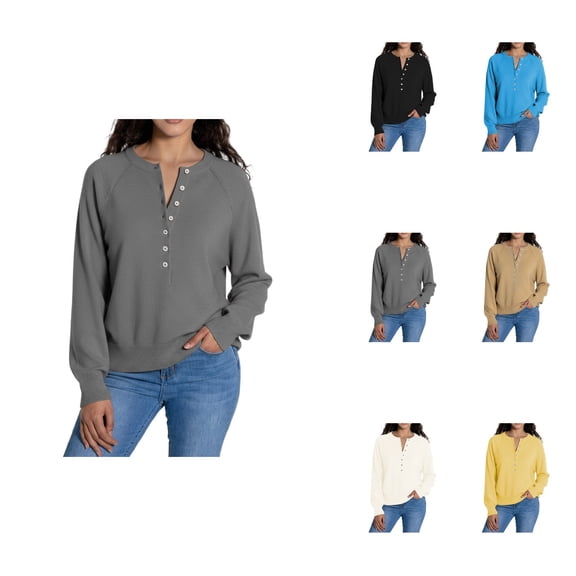 Elegant Knit Pullover Sweater with Button Detail, Henley Neck & Long Sleeves – Women's Casual Cropped Solid Knitwear for Comfort