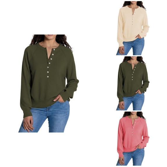 Elegant Knit Pullover Sweater with Half Button Henley Neck, Long Sleeves, Loose Fit Casual Tunic for Women – Cozy Outdoor Comfort in Beige