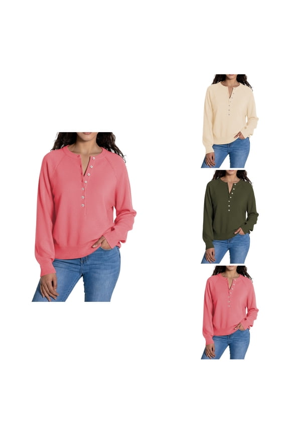 Elegant Knit Pullover Sweater with Half Button Henley Neck, Long Sleeves, Loose Fit Casual Tunic for Women – Cozy Outdoor Comfort in Beige