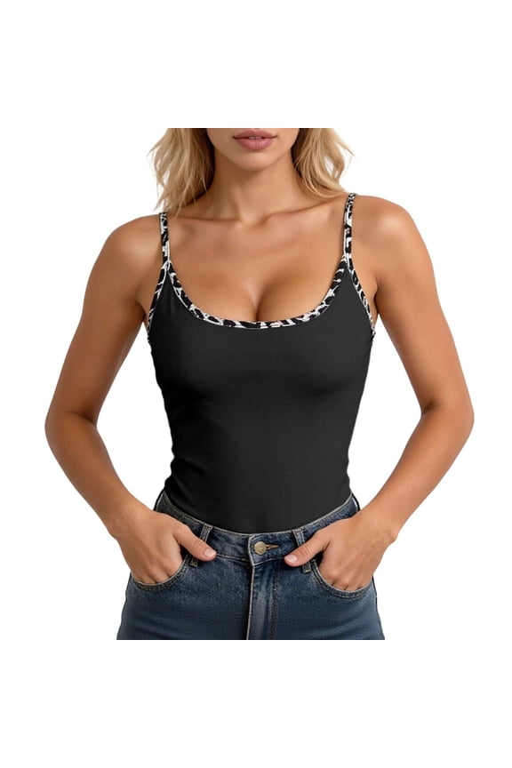 Elegant Knit Tank Top for Women Leopard Print Slim Fit High Stretch Sleeveless Camisole Breathable Lightweight Black M