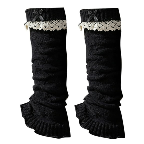 Elegant Knitted Stretch Leg Warmers Boot Cuffs Sweet Bows Ruffled Lace Trim Patchwork Leg Covers Calf Socks for Women