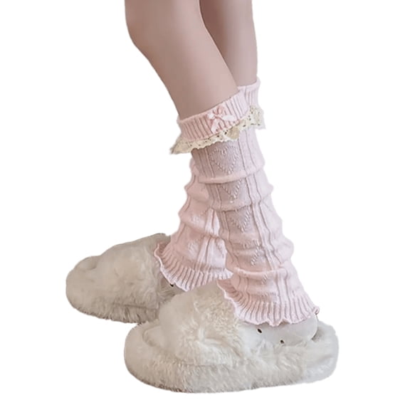 Elegant Knitted Stretch Leg Warmers Boot Cuffs Sweet Bows Ruffled Lace Trim Patchwork Leg Covers Calf Socks for Women