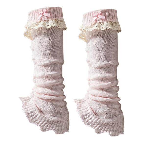 Elegant Knitted Stretch Leg Warmers Boot Cuffs Sweet Bows Ruffled Lace Trim Patchwork Leg Covers Calf Socks for Women