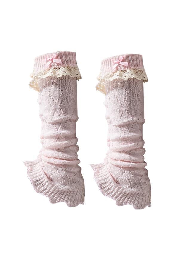 Elegant Knitted Stretch Leg Warmers Boot Cuffs Sweet Bows Ruffled Lace Trim Patchwork Leg Covers Calf Socks for Women