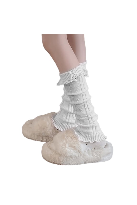 Elegant Knitted Stretch Leg Warmers Boot Cuffs Sweet Bows Ruffled Lace Trim Patchwork Leg Covers Calf Socks for Women