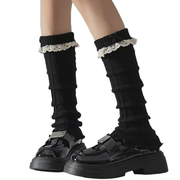 Elegant Knitted Stretch Leg Warmers Boot Cuffs Sweet Bows Ruffled Lace Trim Patchwork Leg Covers Calf Socks for Women