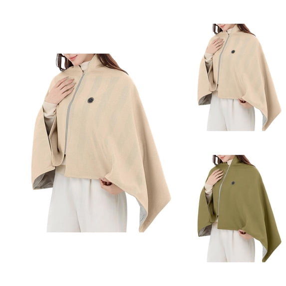 Elegant Knitted Women's Large Front Poncho Sweater Wrap Topper, Heated Thermal Zip-Up Shawl Cape for Winter Fall, Soft Cozy Multifunction Warm Blanket for Office
