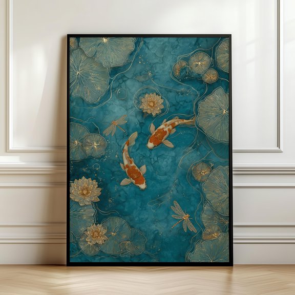 Elegant Koi Fish Wall Art – Emerald Green Pond Decor, Asian Zen Painting, Gold Lotus, Dragonflies, Serene Japanese Print, Poster, Poster Only