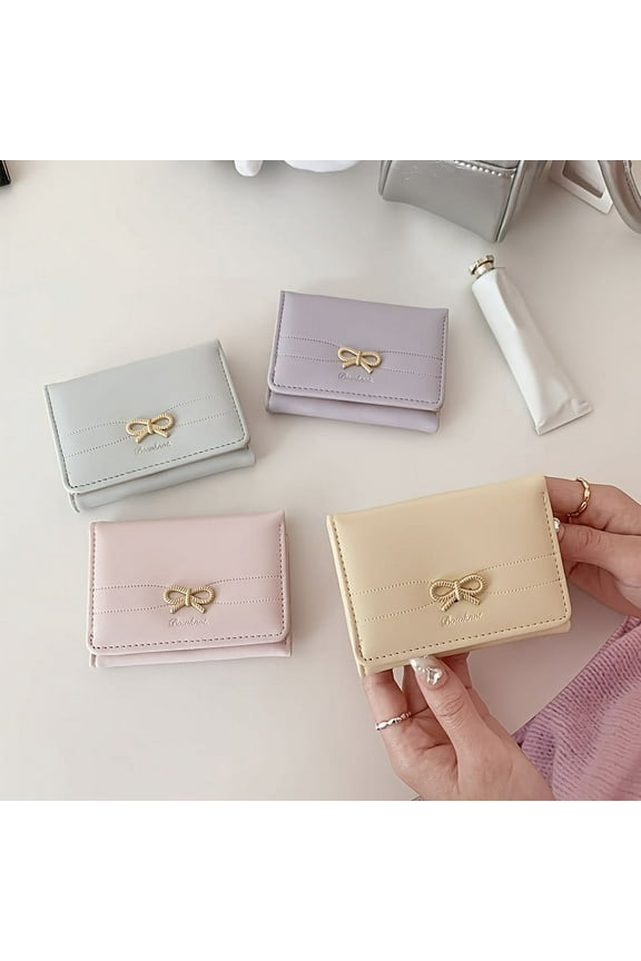 Elegant Korean Fashion Trifold Wallet - Preppy Style Faux Leather Snap Closure, Polyester Lined Flap Pocket with Bow Detail - Wet Wipe Cleaning
