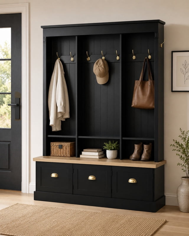 Elegant LED Lighted Hall Tree with 9 Hooks, Entryway Bench with 3 Storage Cabinets and Shelves, Farmhouse Coat Rack Mudroom Organizer with APP Controlled RGB Lighting