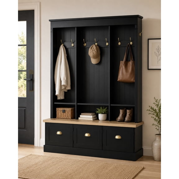 Elegant LED Lighted Hall Tree with 9 Hooks, Entryway Bench with 3 Storage Cabinets and Shelves, Farmhouse Coat Rack Mudroom Organizer with APP Controlled RGB Lighting