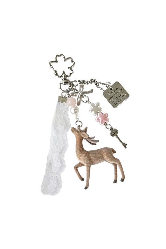 Elegant Lace Flocking Deer Keychain With Delicate Floral Beads For Bags And Keys