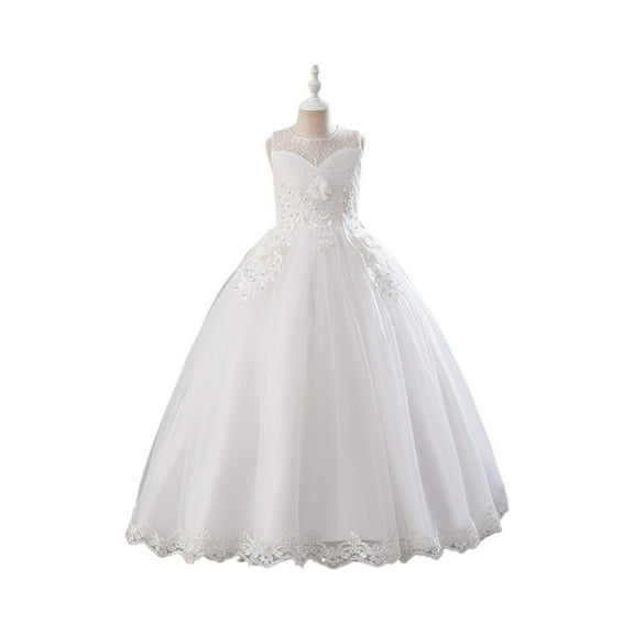 Elegant Lace Flower Princess Dress Girls Sleeveless Floor Length Formal Gown Weddings Party