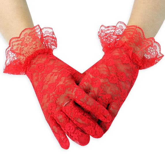 Elegant Lace Gloves for Women Full Finger Floral Lace Gloves with Ruffle Wrist for Wedding Party Prom