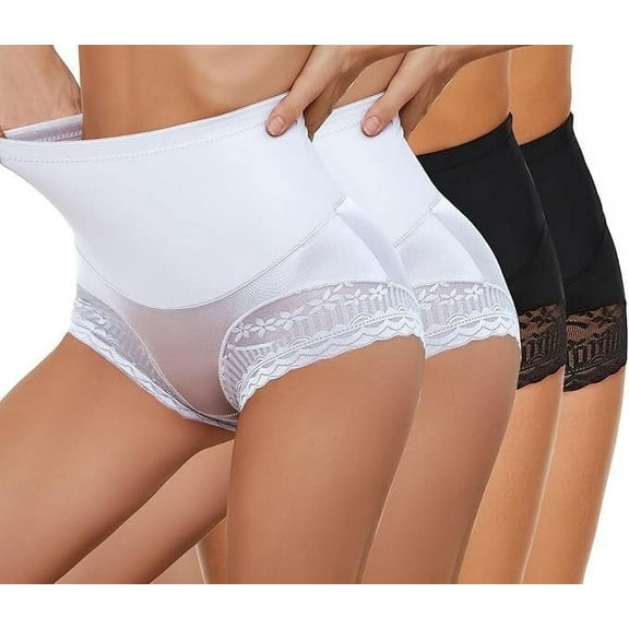 Plus Size Women's Lace Trim Shaping Panties 4-Pack - High-Waist Butt Lift Underwear, 2 Black   2 White, L