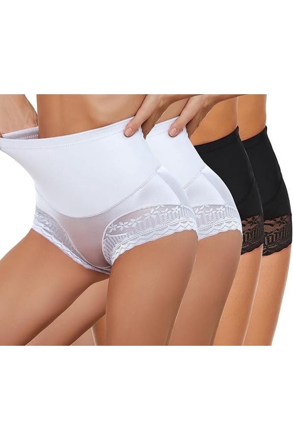 Plus Size Women's Lace Trim Shaping Panties 4-Pack - High-Waist Butt Lift Underwear, 2 Black + 2 White, L
