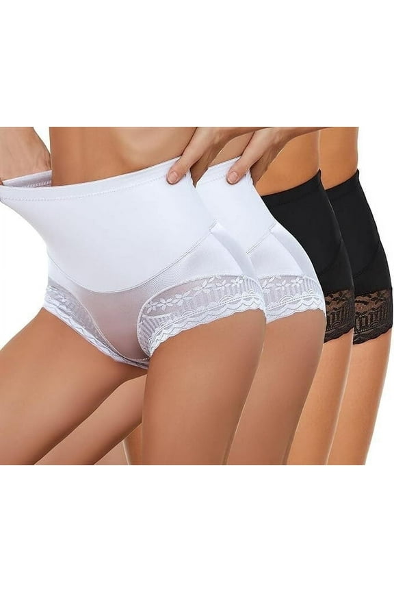 Women's High-Waisted Tummy Control Underwear 4-Pack - Sexy Lace Girdle Panties with Butt Lift & Slimming, 2 Black + 2 White, S