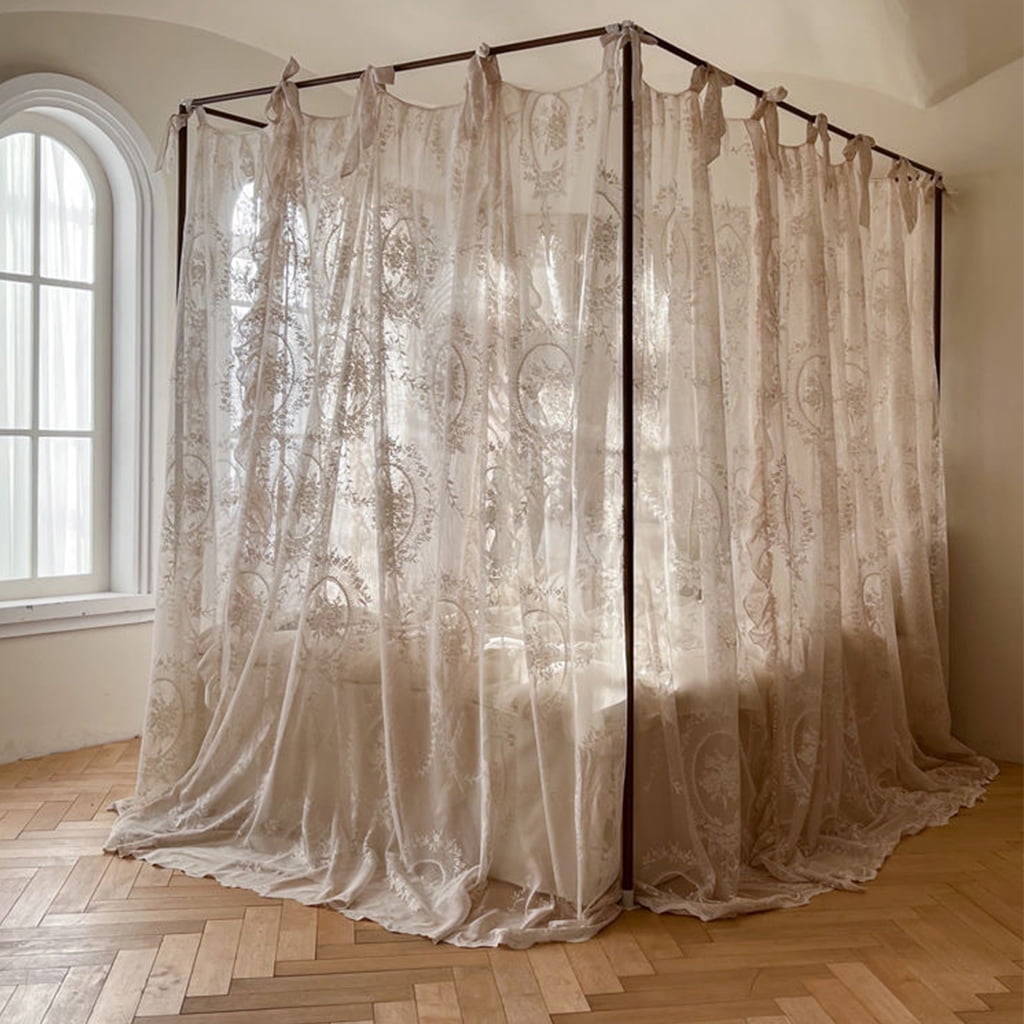 Elegant Lace Princess 4 Corner Post Mosquito Net Romantic for Girls Women Bed Curtain Canopy for Adults Wedding Bedroom Kids Rooms Decoration,Cream-2,Queen