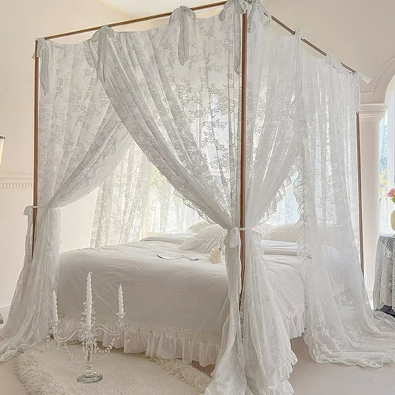 Elegant Lace Princess 4 Corner Post Mosquito Net Romantic for Girls Women Bed Curtain Canopy for Adults Wedding Bedroom Kids Rooms Decoration,White,Queen