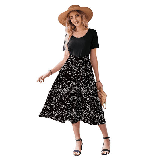 Elegant Lace Print Short Sleeve Dress with Round Neck