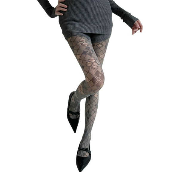 Elegant Lace Tights with Romance Floral Pattern Women's Aesthetic Vintage Gray Mesh Pantyhose Stockings Hosiery