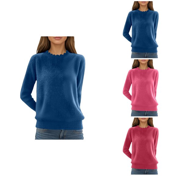 Elegant Lace-Trim Crewneck Women's Sweater, Long Sleeve Pullover Knit Top for Fall Winter, Soft Comfortable Casual Tunic Blouse for Daily Wear & Layering