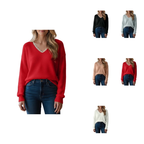 Elegant Lace Trim Knit Sweater – Women's V-Neck Long Sleeve Pullover Top, Loose Fit Lightweight Warm Casual Blouse for Fall Winter