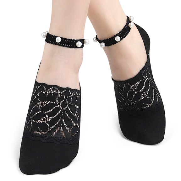 Elegant Lace Trim Nonslip Ankle Socks With Faux Pearls Accent Soft Stretchable Cotton Socks For Women Comfort Wear